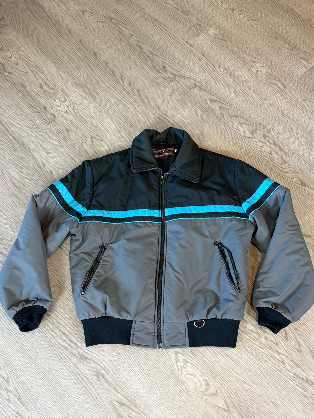 Men's Gray and Black Bomber Jacket with Teal Stripe